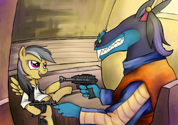 Size: 900x635 | Tagged: safe, artist:buckingawesomeart, ahuizotl, daring do, pony, g4, crossover, han shot first, parody, star wars