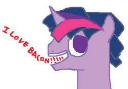 Size: 350x245 | Tagged: safe, twilight sparkle, pony, unicorn, g4, bacon, bust, dialogue, dusk shine, implied ponies eating meat, looking back, open mouth, portrait, rule 63, simple background, smiling, solo, white background