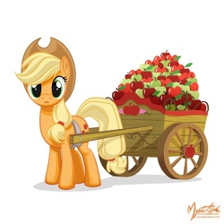 Size: 1024x1024 | Tagged: safe, artist:mysticalpha, applejack, earth pony, pony, g4, apple, cart, female, hat, simple background, solo, white background