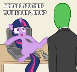 Size: 394x368 | Tagged: safe, artist:furseiseki, twilight sparkle, oc, oc:anon, human, unicorn, g4, behaving like a cat, computer, duo, featureless crotch, laptop computer, lying down, on back, unicorn twilight