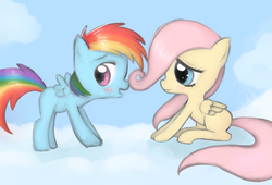 Size: 900x612 | Tagged: safe, artist:freshillusion, fluttershy, rainbow dash, g4, blushing, filly