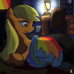 Size: 3543x3543 | Tagged: dead source, safe, artist:berrydrops, applejack, rainbow dash, earth pony, pegasus, pony, g4, female, high res, lantern, lesbian, loose hair, mare, prone, ship:appledash, shipping, sleeping