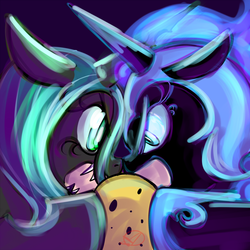 Size: 1000x1000 | Tagged: safe, artist:ryuredwings, nightmare moon, queen chrysalis, changeling, changeling queen, g4, cookie, ethereal mane, eyelashes, female, filly, helmet, sharp teeth, teeth