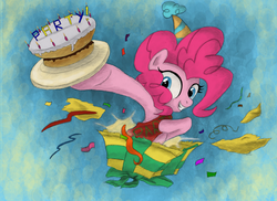 Size: 3510x2550 | Tagged: safe, artist:hewison, pinkie pie, earth pony, pony, g4, cake, confetti, female, hat, high res, party hat, present, solo