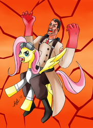 Size: 2236x3067 | Tagged: safe, artist:manhunterj, fluttershy, g4, dr adorable, duo, high res, medic, medic (tf2), riding, team fortress 2