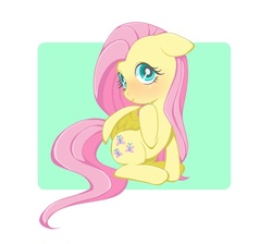 Size: 664x594 | Tagged: safe, artist:moyori, fluttershy, pegasus, pony, g4, blushing, female, floppy ears, looking at you, mare, one wing out, raised hoof, sitting, smiling, solo, wings