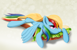 Size: 900x590 | Tagged: safe, artist:suntenri, rainbow dash, food pony, original species, pegasus, pony, g4, cheese, female, food, lettuce, ponies in food, rainbow dash is not amused, sandwich, solo, unamused