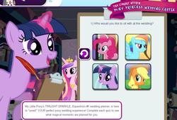 Size: 854x578 | Tagged: safe, applejack, pinkie pie, rainbow dash, twilight sparkle, g4, game, wedding