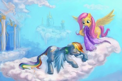 Size: 1411x933 | Tagged: safe, artist:paladin, fluttershy, rainbow dash, pegasus, pony, g4, blanket, cloud, cloudsdale, cloudy, day, duo, floppy ears, lying down, lying on a cloud, mouth hold, on a cloud, sleeping
