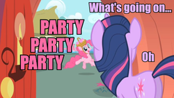 Size: 783x441 | Tagged: safe, edit, edited screencap, screencap, pinkie pie, twilight sparkle, earth pony, pony, unicorn, g4, party of one, basket, basket hat, butt, caption, cloud, cloudy, door, female, flower, hat, house, mare, party, pink text, plot, purple text