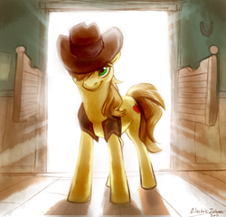 Size: 500x480 | Tagged: safe, artist:electriczebra, braeburn, earth pony, pony, g4, backlighting, door, male, solo, stallion, western