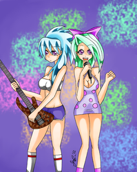 Size: 2549x3209 | Tagged: safe, artist:manhunterj, cloudchaser, flitter, human, g4, bandeau, bow, cleavage, clothes, dress, duo, female, guitar, high res, humanized, microphone, midriff, shorts