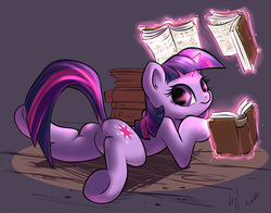 Size: 1277x1000 | Tagged: safe, artist:atryl, twilight sparkle, pony, unicorn, g4, book, butt, featureless crotch, female, looking at you, looking back, looking back at you, plot, prone, solo, twibutt, unicorn twilight