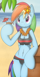 Size: 457x866 | Tagged: safe, artist:tg-0, rainbow dash, anthro, semi-anthro, arm hooves, beach, belly button, bikini, breasts, cleavage, clothes, female, flower, flower in hair, hawaiian flower in hair, lei, solo, swimsuit