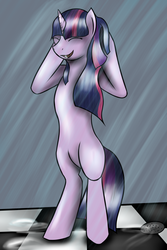 Size: 1338x2000 | Tagged: safe, twilight sparkle, pony, unicorn, g4, ask, bipedal, female, mare, shower, unicorn twilight, wet, wet mane