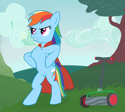 Size: 6922x6200 | Tagged: safe, artist:infera1, rainbow dash, pegasus, pony, g4, absurd resolution, bipedal, cape, clothes, gardening, lawn mower, puffed chest, superhero