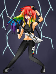 Size: 2529x3305 | Tagged: safe, artist:manhunterj, rainbow dash, human, g4, armpits, duo, guitar, high res, humanized, solo