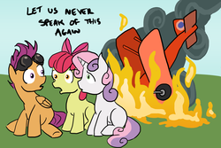 Size: 950x633 | Tagged: artist needed, safe, artist:bux, apple bloom, scootaloo, sweetie belle, earth pony, pegasus, pony, unicorn, g4, aircraft, cutie mark crusaders, fire, plane, sitting