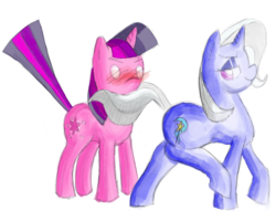 Size: 1412x1080 | Tagged: safe, artist:facelessguru, trixie, twilight sparkle, g4, blushing, eyeshadow, female, lesbian, looking back, seduction, ship:twixie, shipping, simple background, smiling, something else also rises, tail seduce, tailboner, transparent background