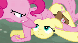 Size: 640x360 | Tagged: safe, screencap, fluttershy, pinkie pie, g4, putting your hoof down, :o, animated, cross-eyed, face down ass up, female, floppy ears, flying, frown, glare, poking, pony tipping, revenge, smirk, spread wings, the tables have turned, wide eyes