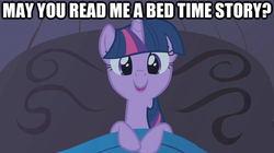 Size: 625x351 | Tagged: safe, twilight sparkle, pony, g4, bed, caption, female, solo