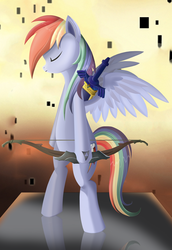 Size: 2750x4000 | Tagged: safe, artist:cryzeu, rainbow dash, pegasus, pony, g4, bipedal, bow (weapon), eyes closed, female, mare, solo, sword, the legend of zelda, weapon