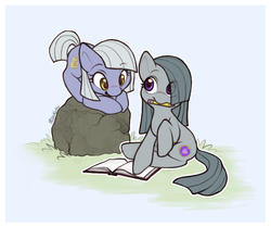 Size: 1174x981 | Tagged: safe, artist:misskatto, limestone pie, marble pie, earth pony, pony, g4, alternate cutie mark, book, cute, duo, eye clipping through hair, female, filly, limabetes, marblebetes, mouth hold, pencil, pie sisters, rock, sisters