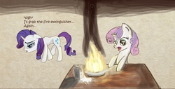 Size: 1845x935 | Tagged: safe, artist:jamwarden, rarity, sweetie belle, g4, cereal, fire, milk
