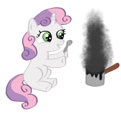 Size: 1000x1000 | Tagged: safe, artist:nedemai, sweetie belle, pony, unicorn, g4, cooking, female, filly, lethal chef, liquid toast, pot, simple background, smoke, solo, spoon, sweetie belle can't cook, sweetie fail, this will end in tears and/or breakfast, transparent background