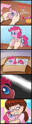 Size: 656x2500 | Tagged: safe, artist:madmax, pinkie pie, human, g4, balloon, child, comic, cute, fabric, female, heartwarming, needle, plushie, present, scissors, sewing, spool, target demographic, thread
