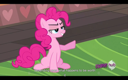 Size: 1280x800 | Tagged: safe, screencap, pinkie pie, g4, mmmystery on the friendship express, lidded eyes, youtube caption