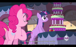 Size: 960x600 | Tagged: safe, screencap, pinkie pie, g4, mmmystery on the friendship express, youtube caption