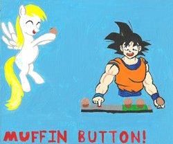 Size: 900x747 | Tagged: safe, artist:methaw, derpy hooves, pegasus, pony, g4, crossover, dragon ball, dragon ball z, dragonball z abridged, female, mare, muffin, muffin button, son goku, traditional art
