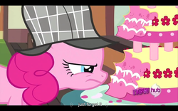 Size: 960x600 | Tagged: safe, screencap, pinkie pie, earth pony, pony, g4, mmmystery on the friendship express, cake, deerstalker, detective, female, food, hat, mare, sherlock pie, solo, youtube caption