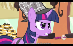 Size: 960x600 | Tagged: safe, screencap, twilight sparkle, pony, unicorn, g4, mmmystery on the friendship express, deerstalker, detective, female, hat, hub logo, mare, sherlock sparkle, solo, youtube caption