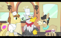 Size: 960x600 | Tagged: safe, screencap, donut joe, gustave le grande, mulia mild, griffon, pony, unicorn, g4, mmmystery on the friendship express, my little pony: friendship is magic, horn, hub logo, male, meme, stallion, youtube caption