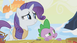 Size: 500x277 | Tagged: safe, screencap, rarity, spike, g4, winter wrap up, nest, youtube caption