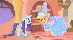 Size: 500x277 | Tagged: safe, screencap, applejack, rarity, g4, look before you sleep, bdsm, clothes, dress, dressup, froufrou glittery lacy outfit, golden oaks library, hat, hennin, princess applejack, puffy sleeves, text, wet, wet mane, wet mane rarity, youtube caption