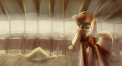 Size: 3000x1616 | Tagged: safe, artist:darkflame75, applejack, earth pony, pony, g4, applejack's hat, barn, bucket, cowboy hat, female, hat, hay, pitchfork, smiling, solo, straw