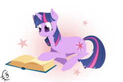 Size: 1200x800 | Tagged: safe, artist:thetidbit, twilight sparkle, pony, unicorn, g4, book, female, looking down, lying down, mare, solo, unicorn twilight