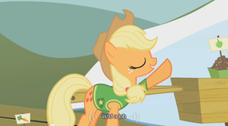 Size: 500x277 | Tagged: safe, screencap, applejack, earth pony, pony, g4, my little pony: friendship is magic, winter wrap up, carriage, eyes closed, snow, solo, winter wrap up vest, youtube caption