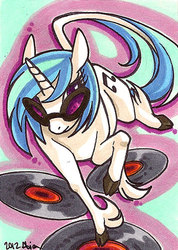 Size: 356x500 | Tagged: safe, artist:alienfirst, dj pon-3, vinyl scratch, classical unicorn, pony, g4, female, horn, leonine tail, record, records, solo