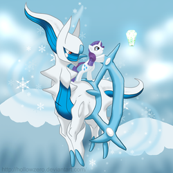 Size: 1100x1100 | Tagged: safe, artist:hollowzero, rarity, arceus, pony, unicorn, g4, crossover, duo, female, genderless, ice, legendary pokémon, mare, pokémon, snow, snowfall, snowflake