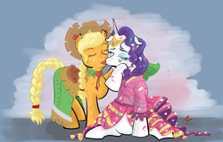 Size: 1851x1182 | Tagged: safe, artist:adan-cricjer, applejack, rarity, g4, clothes, crying, dress, female, gala dress, lesbian, licking, ship:rarijack, shipping