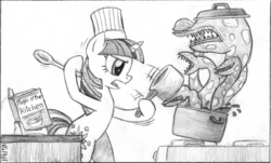 Size: 1244x750 | Tagged: safe, artist:videogamer-phil, twilight sparkle, pony, unicorn, g4, bipedal, book, cookbook, cooking, cooking pot, female, food monster, sketch, solo, spoon, this will end in tears and/or breakfast, unicorn twilight