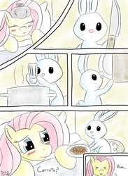 Size: 1408x1920 | Tagged: safe, artist:macchiatojolt, angel bunny, fluttershy, g4, blushing, caring for the sick, carrot, comic, cooking, ice pack, knife, sick
