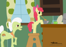 Size: 1000x724 | Tagged: safe, artist:rekiara, apple bloom, granny smith, g4, cooking