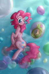 Size: 1728x2592 | Tagged: safe, artist:tzelly-el, gummy, pinkie pie, earth pony, pony, g4, balloon, biting, duo, flying, tail, tail bite