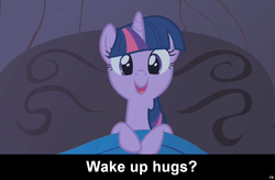 Size: 1024x672 | Tagged: safe, twilight sparkle, pony, unicorn, g4, bed, bronybait, cs captions, female, hug, looking at you, mare, open mouth, smiling, solo