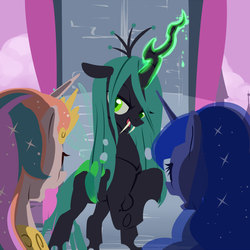 Size: 1200x1200 | Tagged: safe, artist:stupjam, princess celestia, princess luna, queen chrysalis, changeling, changeling queen, g4, crown, fangs, female, glowing, glowing horn, horn, jewelry, regalia, team fortress 2, transparent wings, wings